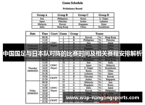 中国国足与日本队对阵的比赛时间及相关赛程安排解析